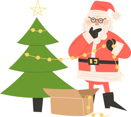 Santa Claus decorating Christmas tree with ornaments  Illustration