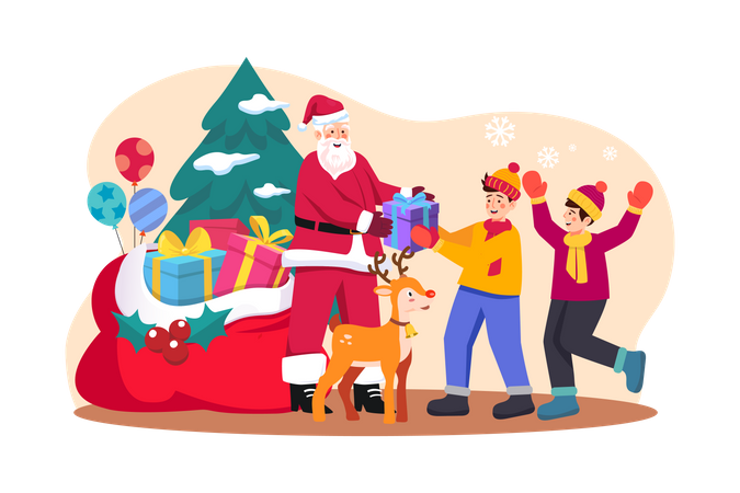 Santa Claus distributing Christmas gifts  Illustration