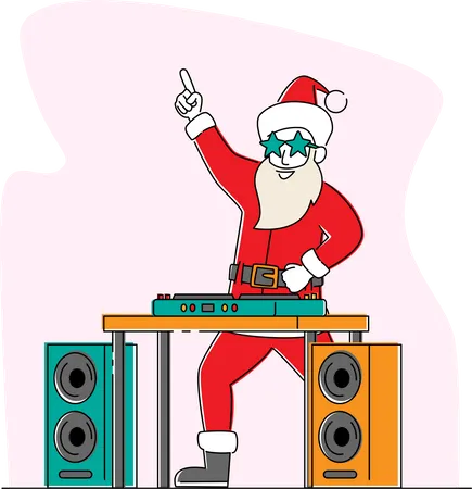 Santa Claus DJ in Headset Making Music at Console at Night Club Illustration