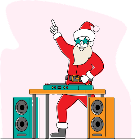 Santa Claus DJ in Headset Making Music at Console at Night Club  Illustration