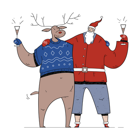 Santa Claus drinking champagne with reindeer Illustration