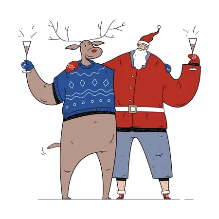 Santa Claus drinking champagne with reindeer  Illustration