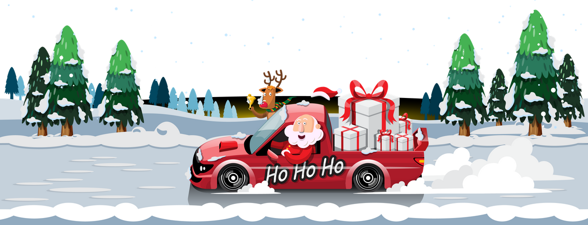 Santa Claus drives a car to deliver Christmas presents to children around the world  Illustration