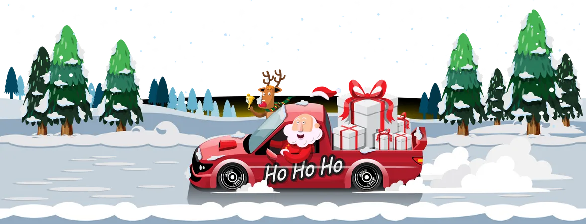 Santa Claus drives a car to deliver Christmas presents to children around the world  Illustration