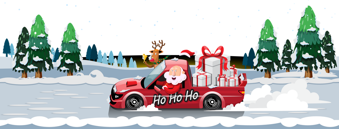 Santa Claus drives a car to deliver Christmas presents to children around the world Illustration