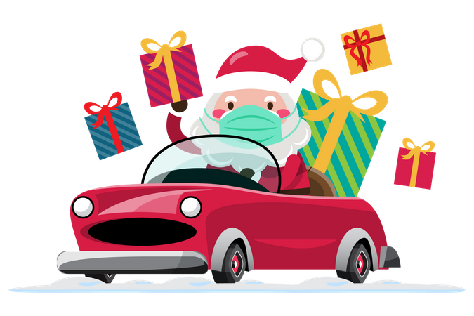 Santa Claus drives a car to send Christmas gift to children around the world by wearing mask  Illustration