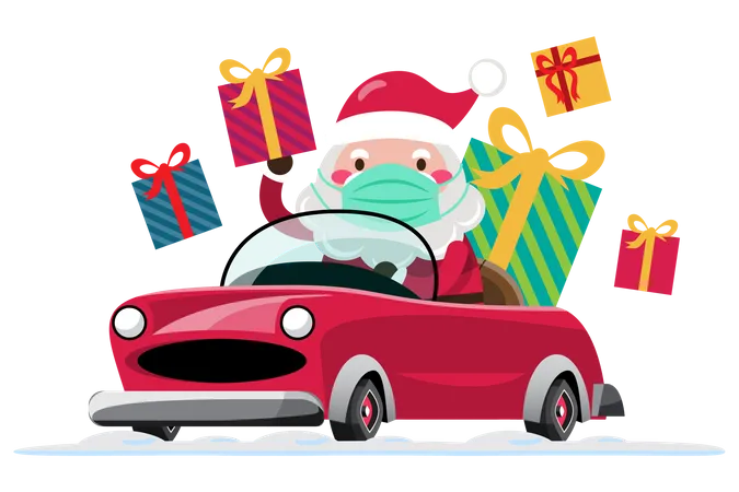 Santa Claus drives a car to send Christmas gift to children around the world by wearing mask  Illustration