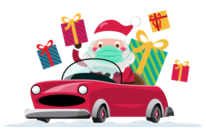 Santa Claus drives a car to send Christmas gift to children around the world by wearing mask Illustration