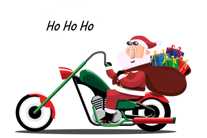 Santa Claus drives a motorcycle to deliver Christmas gifts  Illustration