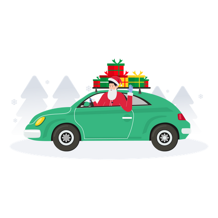 Santa Claus driving car filled with gifts Illustration