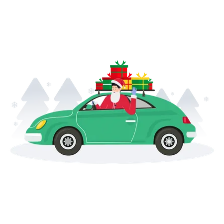Santa Claus driving car filled with gifts  イラスト