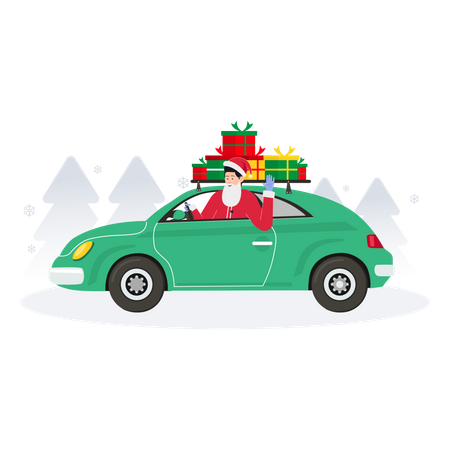 Santa Claus driving car filled with gifts  Illustration