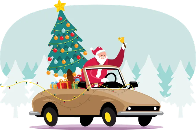 Santa Claus driving car with Christmas gifts and tree  イラスト