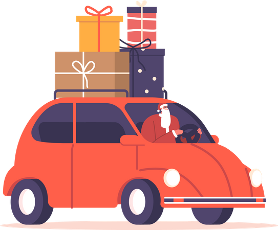 Santa Claus Driving Car with Christmas Gifts on Roof  Illustration