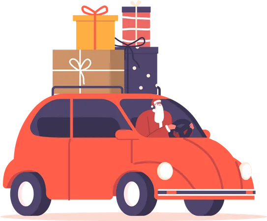 Santa Claus Character Driving Car With Christmas Gifts On Roof Trunk Isolated On White Background Funny Noel Xmas Holidays Personage Deliver Presents To Children Cartoon People Vector Illustration Illustration