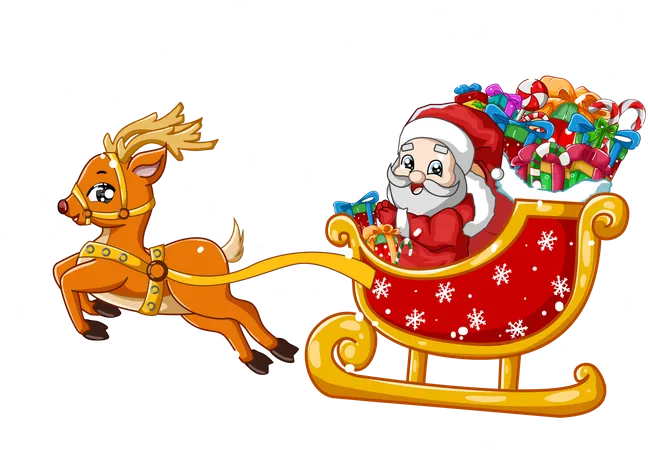 Papá Noel en un carruaje de renos con regalos  Ilustración