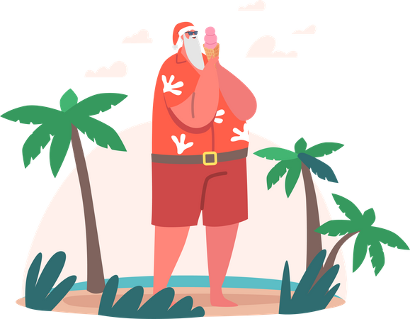 Santa Claus Enjoying Ice Cream at Beach Illustration