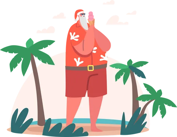 Santa Claus Character In Sunglasses And Hipster Wear Enjoying Ice Cream At Beach With Tropical Palm Trees Christmas And New Year Holiday Vacation Ocean Resort Relax Cartoon Vector Illustration Illustration