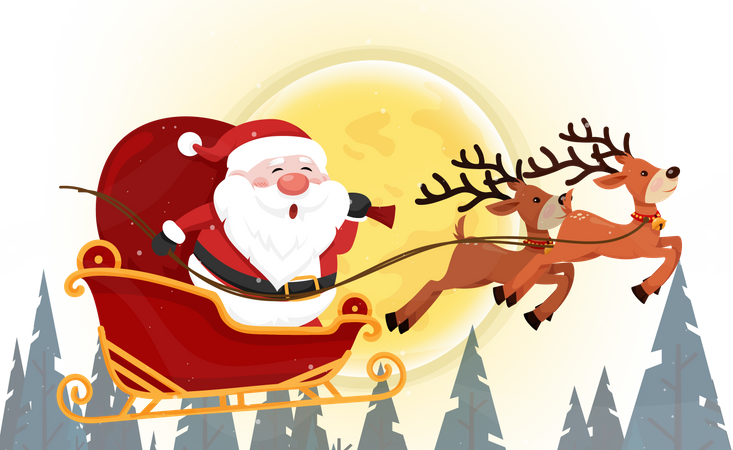 Santa Claus flying on the sky in sleigh with reindeer at night  Illustration