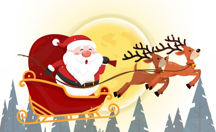 Santa Claus flying on the sky in sleigh with reindeer at night  Illustration
