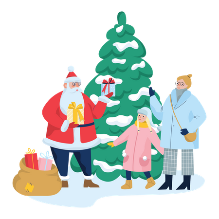Santa Claus give gift to little girl  Illustration