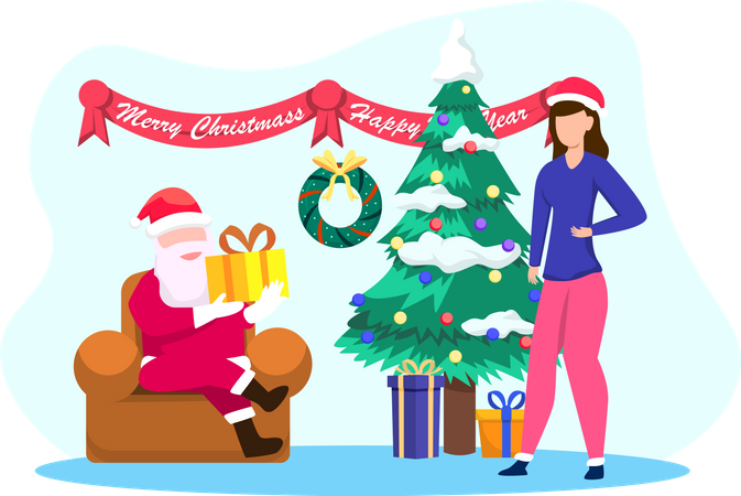 Santa Claus give gift to woman  Illustration