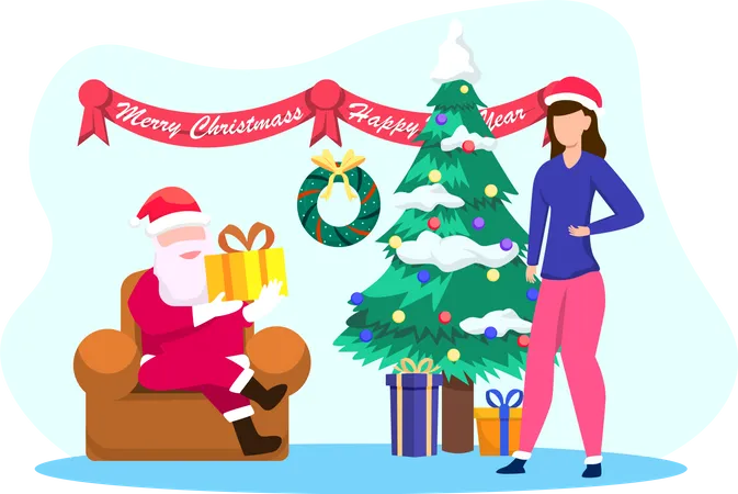 Santa Claus give gift to woman  Illustration