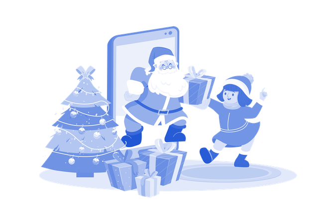 Santa Claus Gives Christmas Gift For Kids By Online Mobile  Illustration