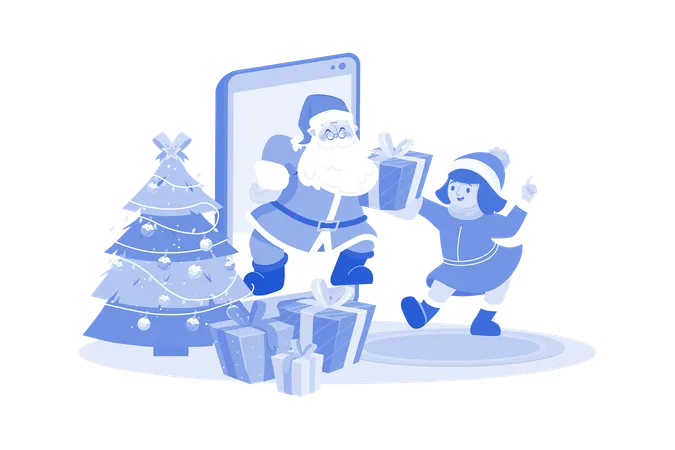 Santa Claus Gives Christmas Gift For Kids By Online Mobile  イラスト
