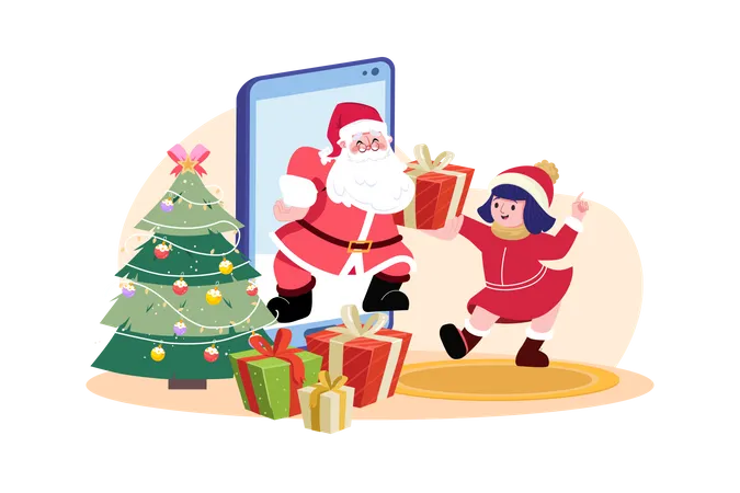 Santa claus gives Christmas gift for kids by online mobile  Illustration