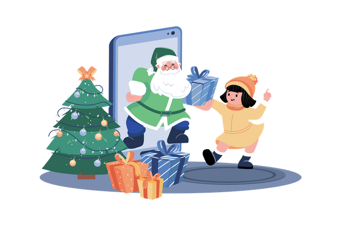 Santa Claus Gives Christmas Gift For Kids By Online Mobile Illustration