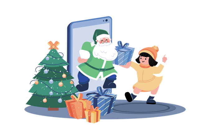 Santa Claus Gives Christmas Gift For Kids By Online Mobile  Illustration