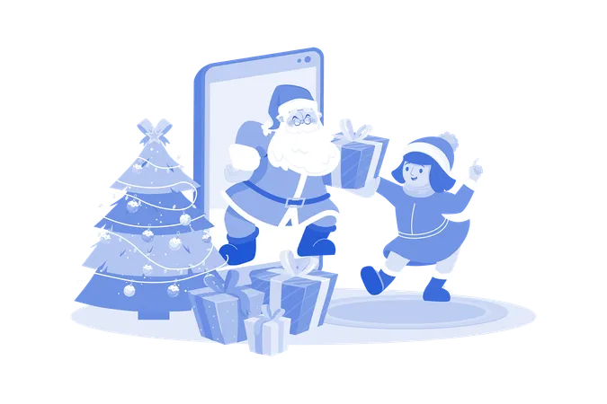 Santa Claus Gives Christmas Gift For Kids By Online Mobile  Illustration