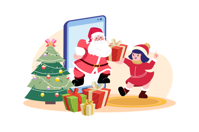 Santa claus gives Christmas gift for kids by online mobile  Illustration