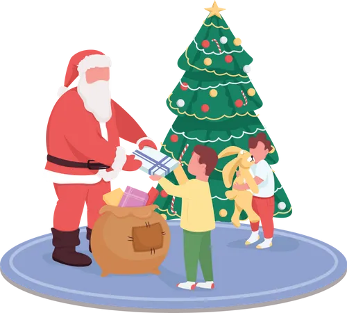 Santa Claus Giving Children Presents Flat Color Vector Faceless Characters Happy New Year To Kids Merry Christmas Isolated Cartoon Illustration For Web Graphic Design And Animation Illustration