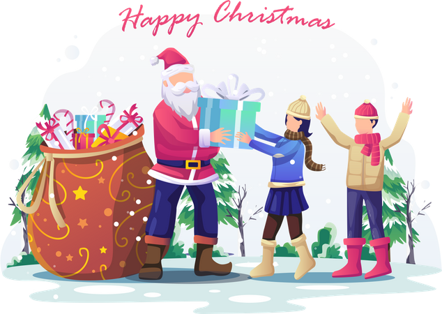 Santa Claus giving Christmas gift to kids Illustration