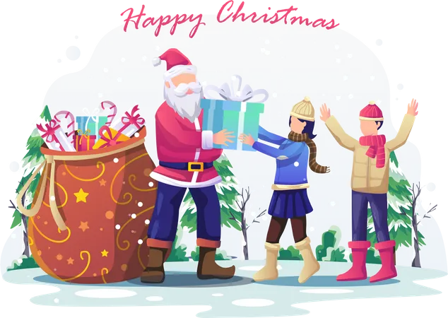 Santa Claus giving Christmas gift to kids Illustration
