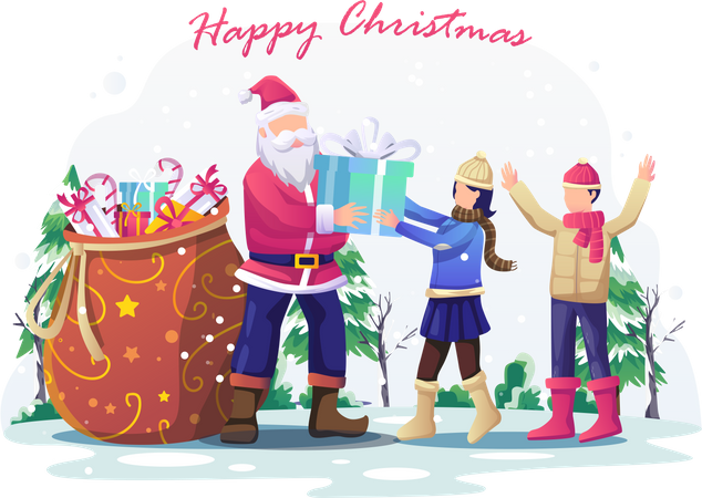 Santa Claus giving Christmas gift to kids  Illustration