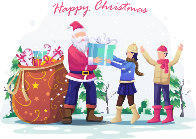 Santa Claus giving Christmas gift to kids  Illustration