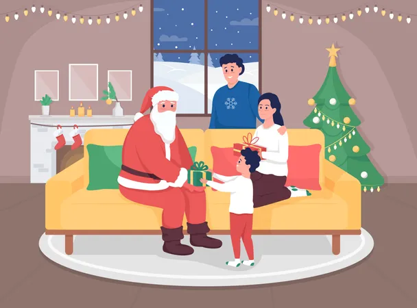 Invite Santa Home Flat Color Vector Illustration Parents With Child Receiving Present For Christmas Winter Holiday Celebration Happy Family 2 D Cartoon Characters With Festive Interior On Background イラスト