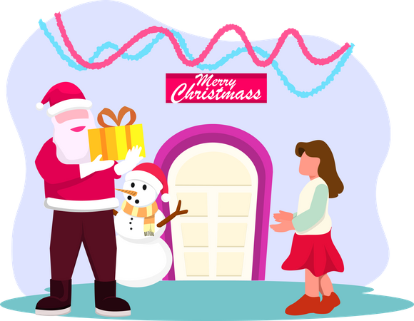 Santa Claus giving gift to girl Illustration