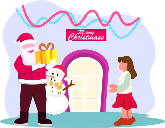 Santa Claus giving gift to girl  Illustration