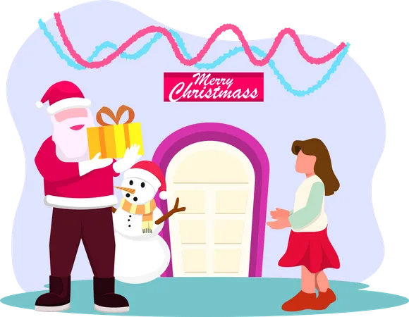 Santa Claus giving gift to girl  Illustration