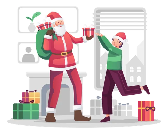 Santa Claus giving gift to Kid  Illustration