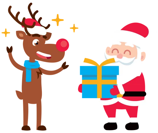 Santa Claus giving gift to reindeer  Illustration