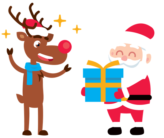 Santa Claus giving gift to reindeer  Illustration