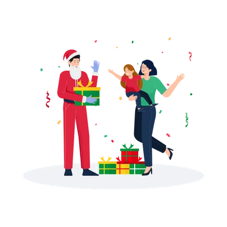 Santa Claus giving surprise gift to kid  Illustration