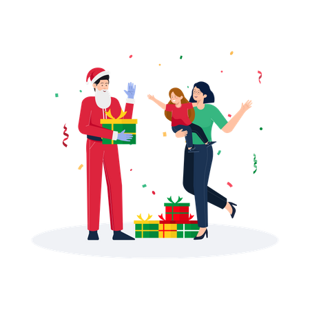 Santa Claus giving surprise gift to kid  Illustration