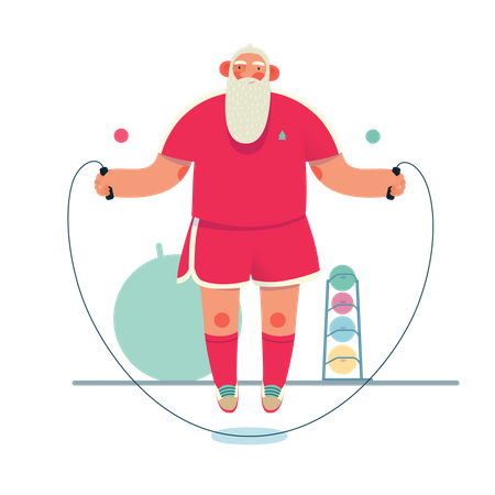 Papá Noel haciendo ejercicio de saltar la cuerda.  Ilustración