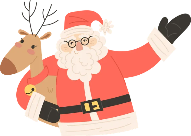 Santa Claus hugging Christmas reindeer  Illustration